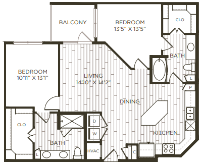 Floor plan for 2 beds, 2 baths, 1174 sqft